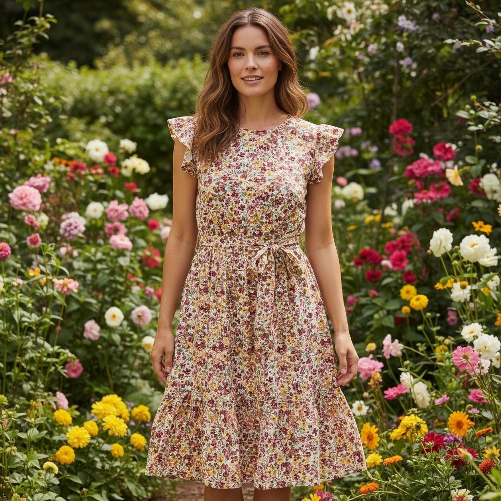 Womens Floral Tiered Midi Dress XXL 20 Multi Flutter Sleeve Boho Cottagecore